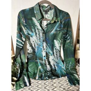 Pretty Little Thing Green Abstract‎ Sheer Button Down Shirt Size 4 US.    K
